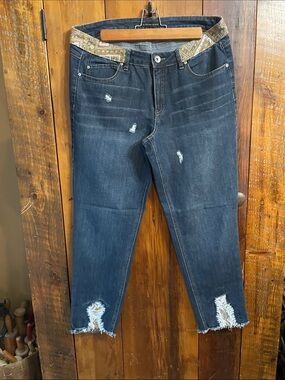 Studio Dark Blue Distressed Cropped Jeans with Embroidered Waistband Trim